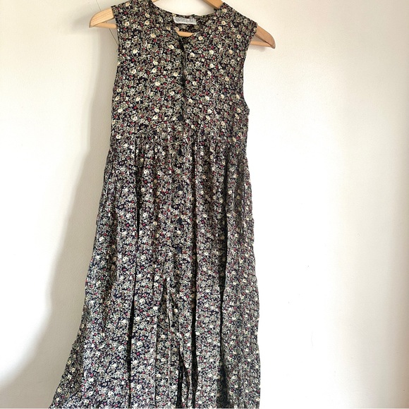 VINTAGE MIDI PLEATED BUTTONED DRESS FLORAL SLEEVELESS NEUTRAL XS S - Picture 3 of 11